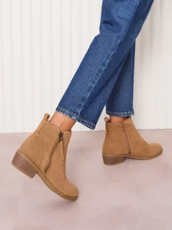 Friends Like These Tan Brown Standard fit Mid Block Heel Side Zip Faux Suede Cuban Boots