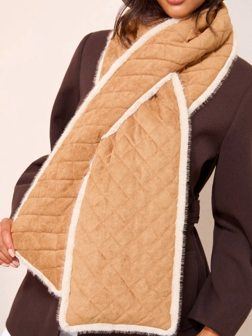 Friends Like These Tan Brown Faux Suede and Fur Reversible Scarf