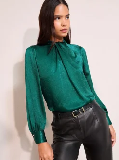 Friends Like These Teal Green Crushed Satin Twist Neck Long Sleeve Blouse