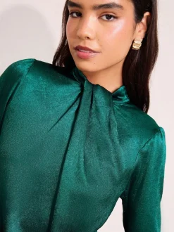 Friends Like These Teal Green Crushed Satin Twist Neck Long Sleeve Blouse