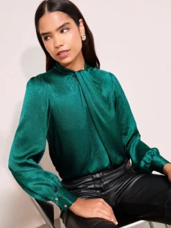 Friends Like These Teal Green Crushed Satin Twist Neck Long Sleeve Blouse