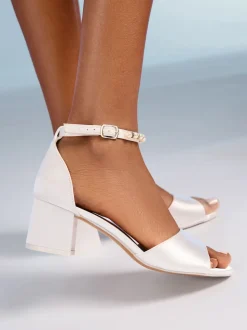 Friends Like These White Satin Low Block Heel Pearl Strap Bridal Sandals