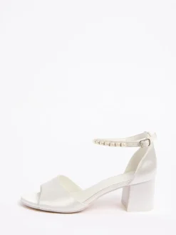 Friends Like These White Satin Low Block Heel Pearl Strap Bridal Sandals