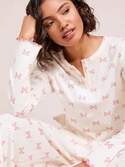 Friends Like These White/Pink Bow Pointelle Wide Leg Pyjamas