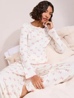 Friends Like These White/Pink Bow Pointelle Wide Leg Pyjamas
