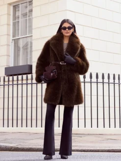 Friends Like These X Lucy Mecklenburgh Brown Belted Faux Fur Mid Length Coat