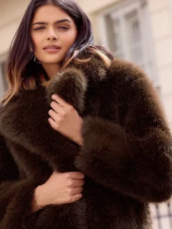 Friends Like These X Lucy Mecklenburgh Brown Belted Faux Fur Mid Length Coat
