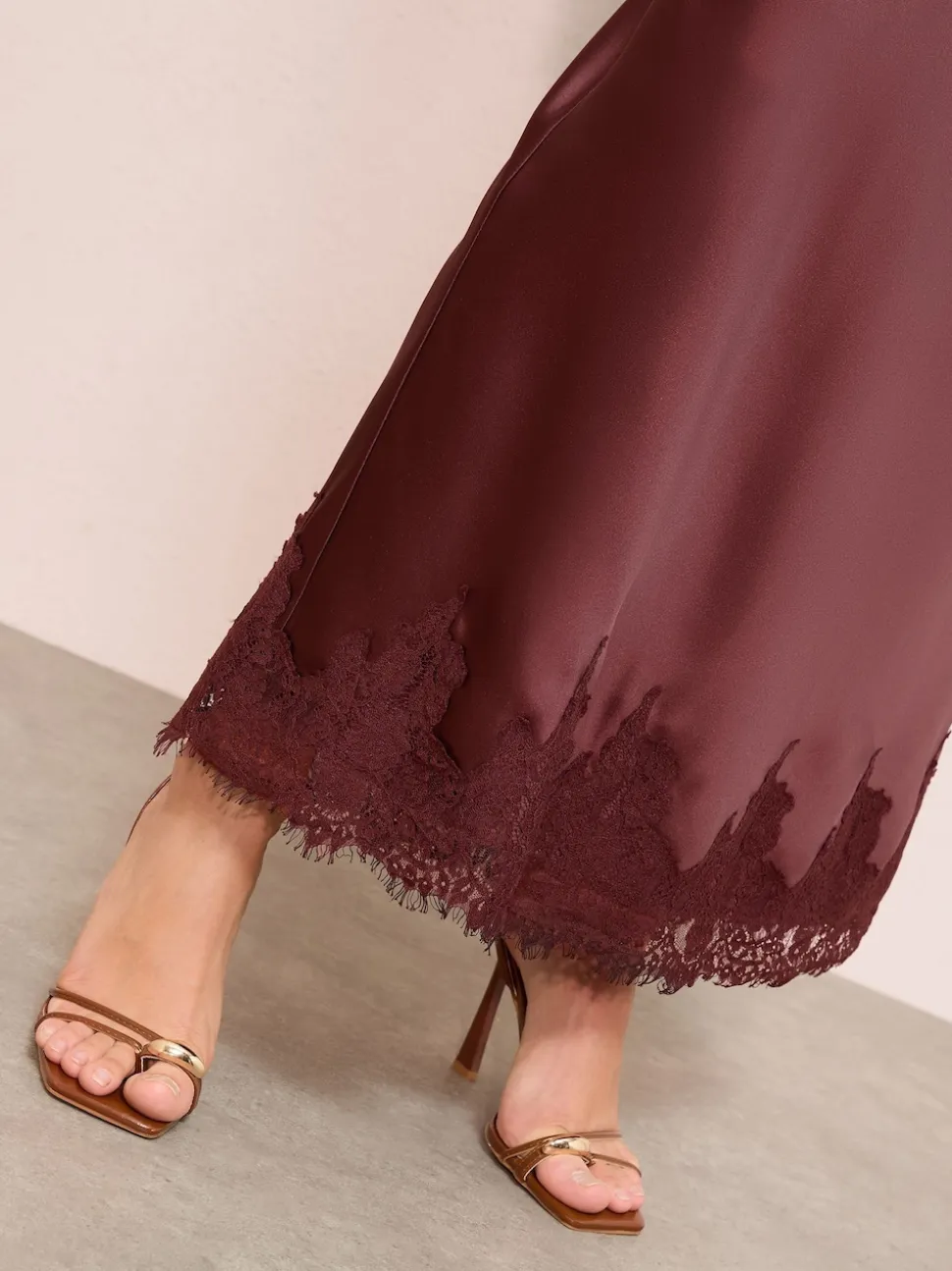Friends Like These X Lucy Mecklenburgh Brown Satin Lace Trim Maxi Skirt