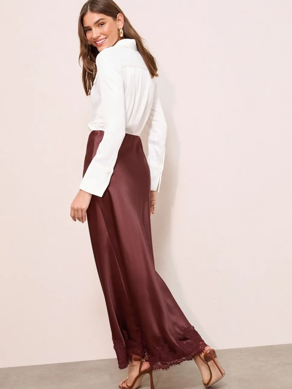 Friends Like These X Lucy Mecklenburgh Brown Satin Lace Trim Maxi Skirt