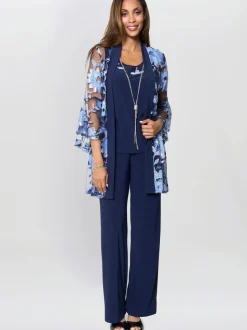 Gina Bacconi Blue Dorris Trousers Suits 3 Piece With Embroidered Jacket