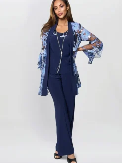 Gina Bacconi Blue Dorris Trousers Suits 3 Piece With Embroidered Jacket