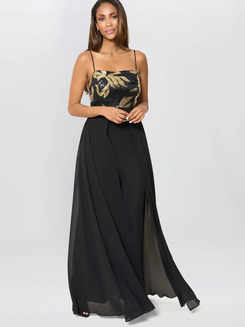 Gina Bacconi Fannie Black And Gold Chiffon Black Jumpsuit