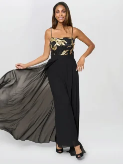 Gina Bacconi Fannie Black And Gold Chiffon Black Jumpsuit