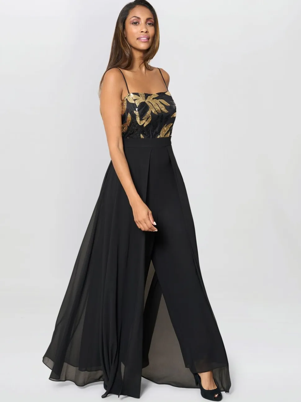 Gina Bacconi Fannie Black And Gold Chiffon Black Jumpsuit