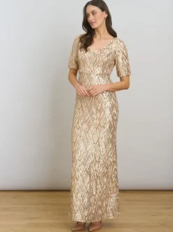 Gina Bacconi Gold Pat Sequin Maxi Dress