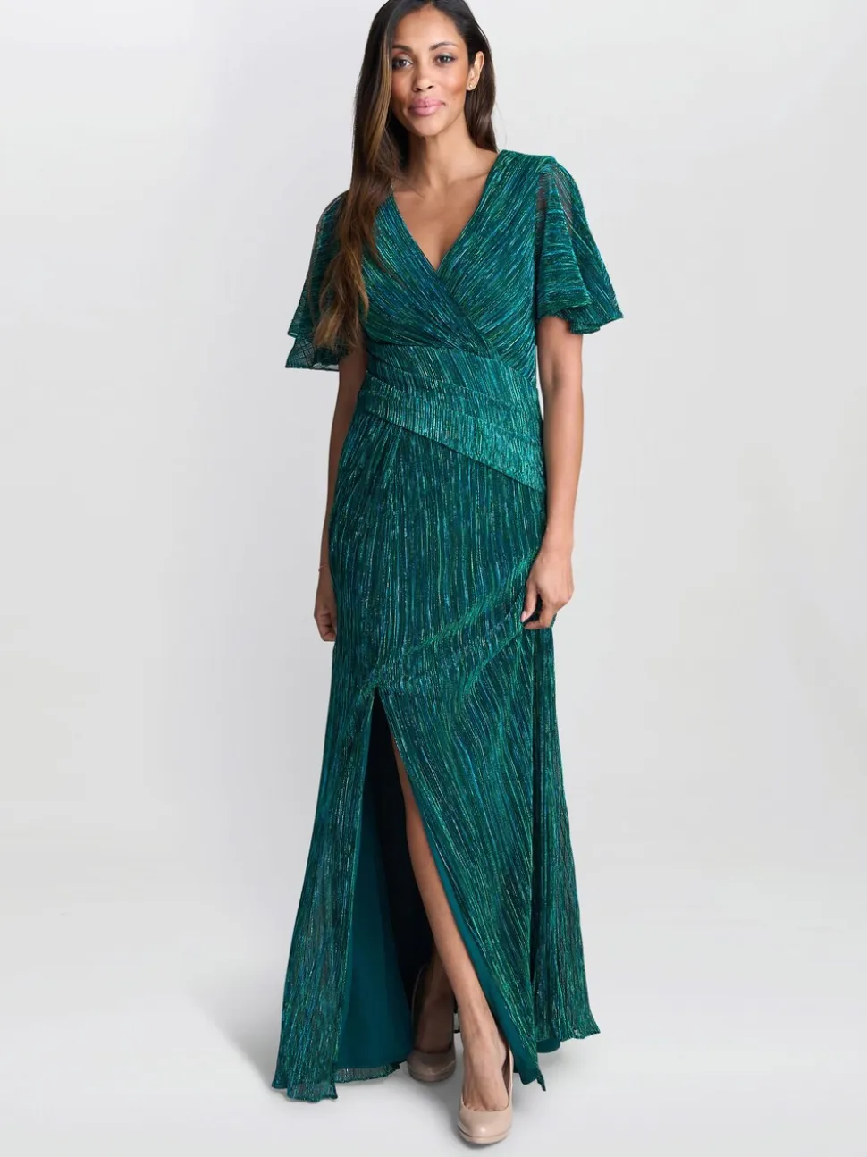 Gina Bacconi Green Liz Metallic Knit Maxi Dress