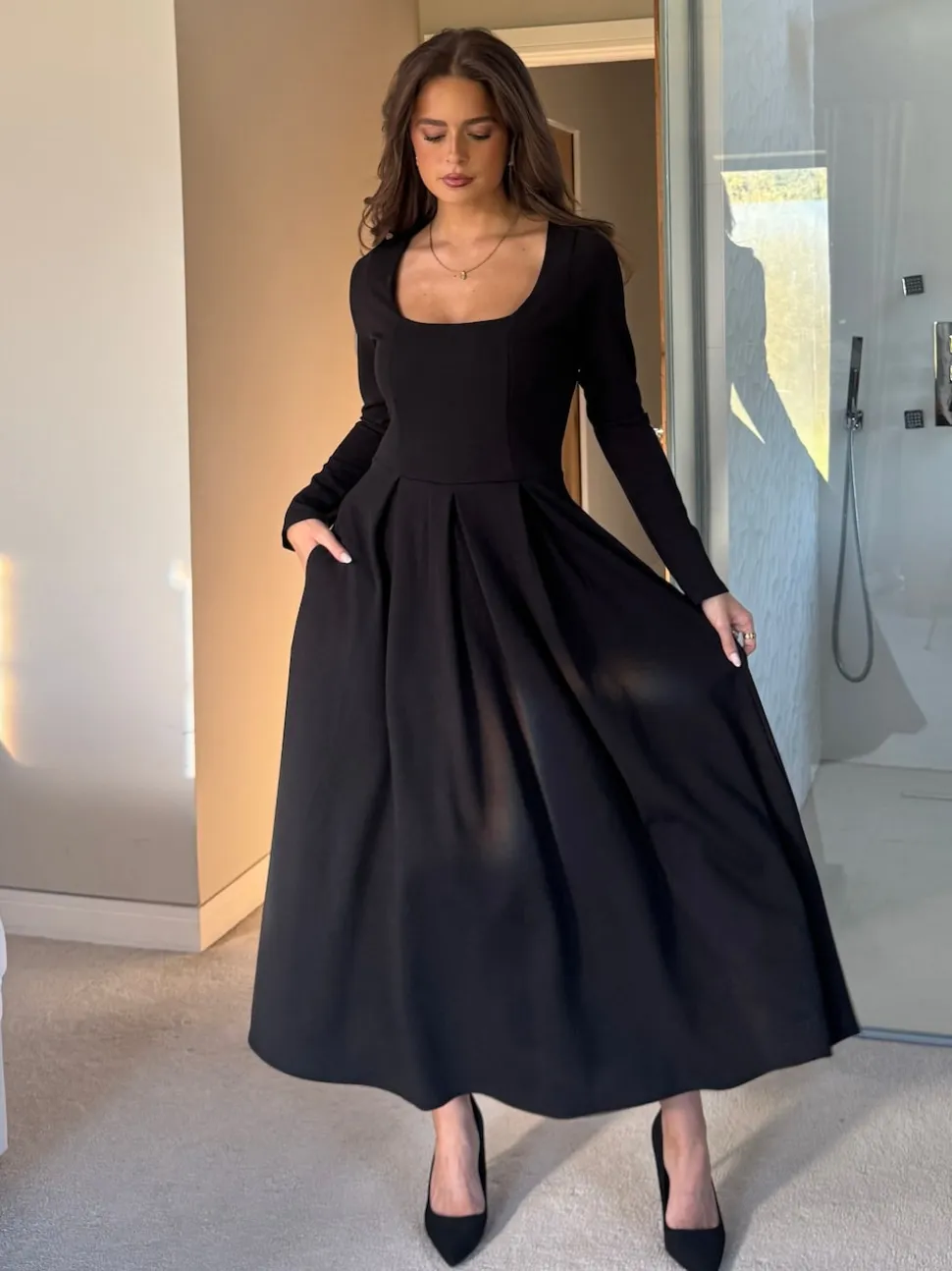 Girl In Mind Black Evie Square Neck Long Sleeve Midi Dress