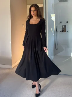 Girl In Mind Black Evie Square Neck Long Sleeve Midi Dress