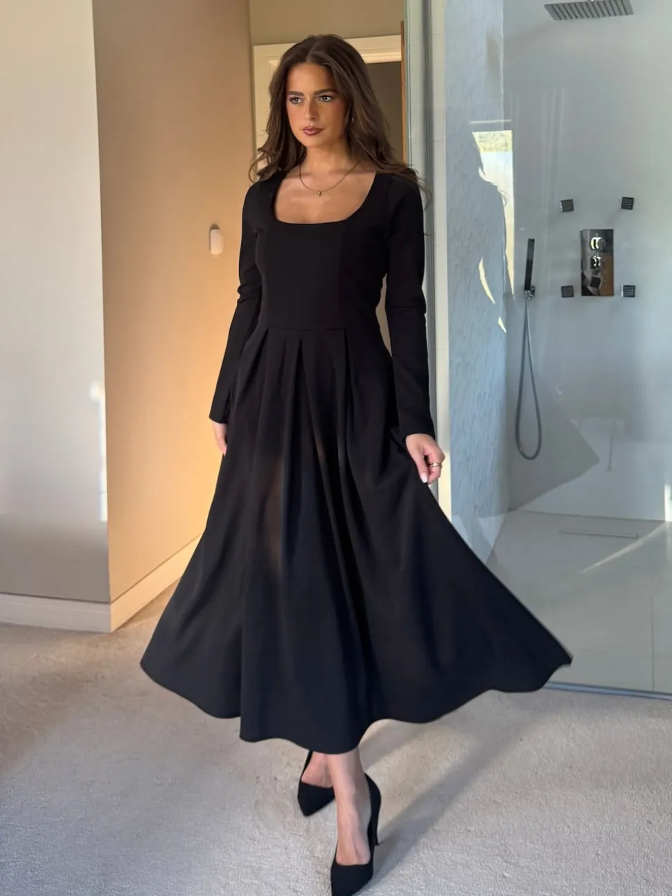 Girl In Mind Black Evie Square Neck Long Sleeve Midi Dress