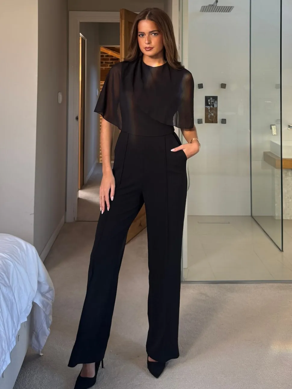 Girl In Mind Black Vivienne Cape Detail Stretch Jumpsuit