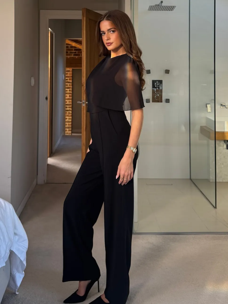 Girl In Mind Black Vivienne Cape Detail Stretch Jumpsuit