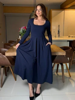 Girl In Mind Blue Evie Square Neck Long Sleeve Midi Dress