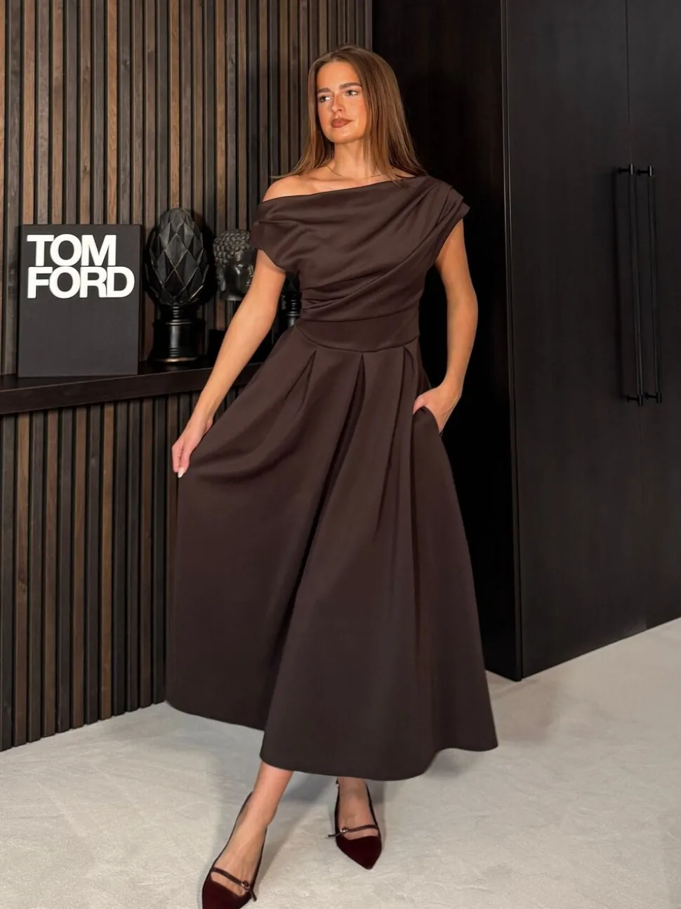 Girl In Mind Brown Betty Asymmetric Neckline Skater Midi Dress