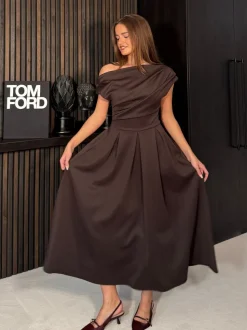 Girl In Mind Brown Betty Asymmetric Neckline Skater Midi Dress