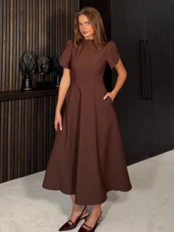 Girl In Mind Brown Katisha Tulip Sleeve High Neck Midi Dress