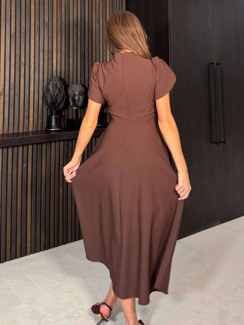 Girl In Mind Brown Katisha Tulip Sleeve High Neck Midi Dress
