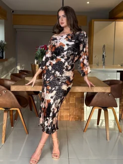 Girl In Mind Brown Leila Off the Shoulder Foiled Print Maxi Dress