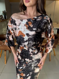 Girl In Mind Brown Leila Off the Shoulder Foiled Print Maxi Dress