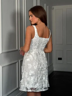 Girl In Mind White Celeste 3D Floral Square Neck Mini Dress