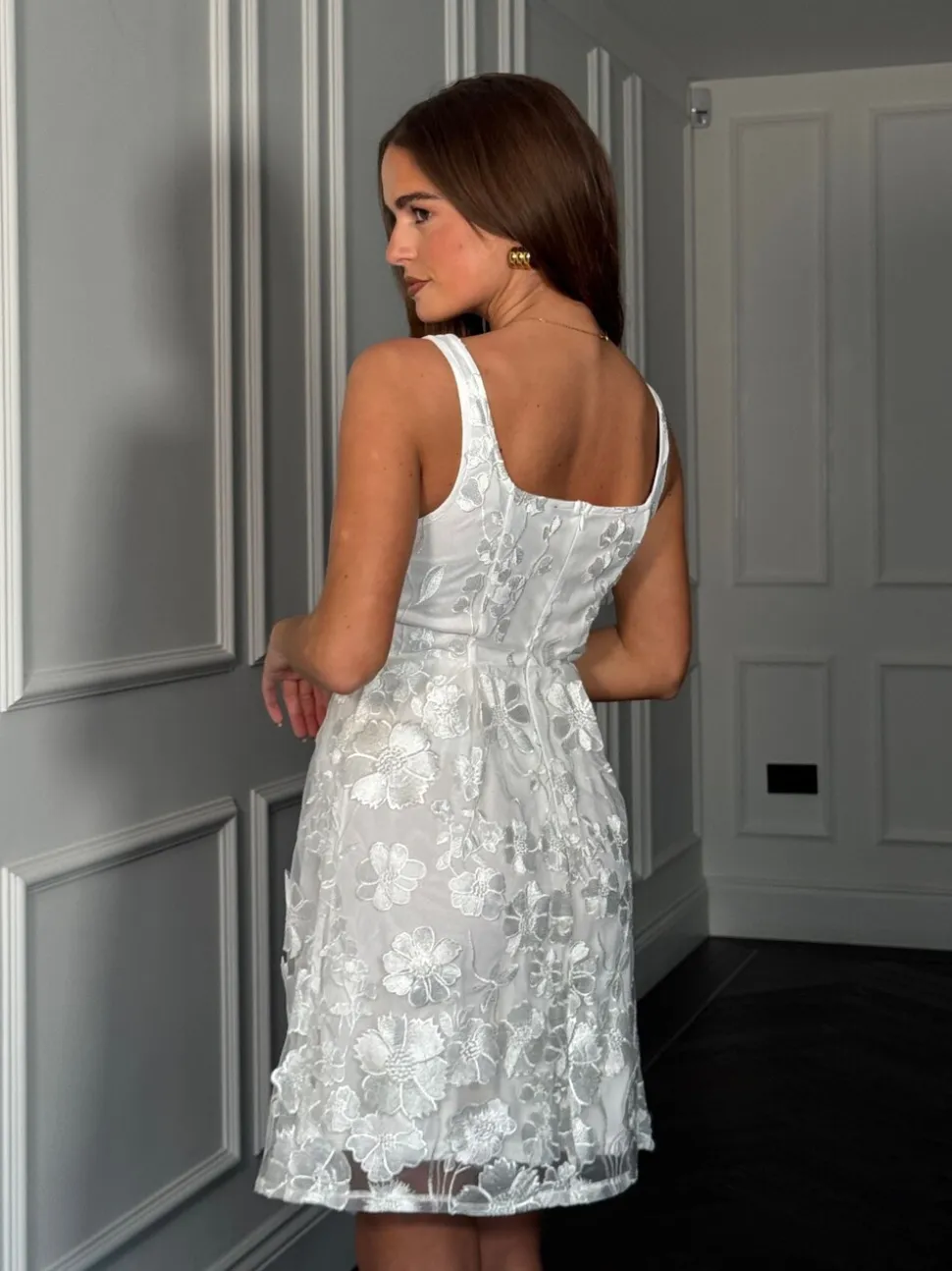 Girl In Mind White Celeste 3D Floral Square Neck Mini Dress