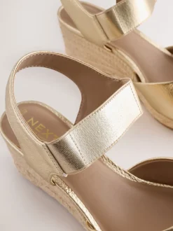 Gold Extra Wide Fit Round Toe Elastic Strap Detail Wedges