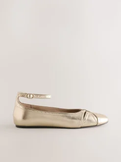 Gold Forever Comfort® Leather Ballet Flats With Ankle Strap