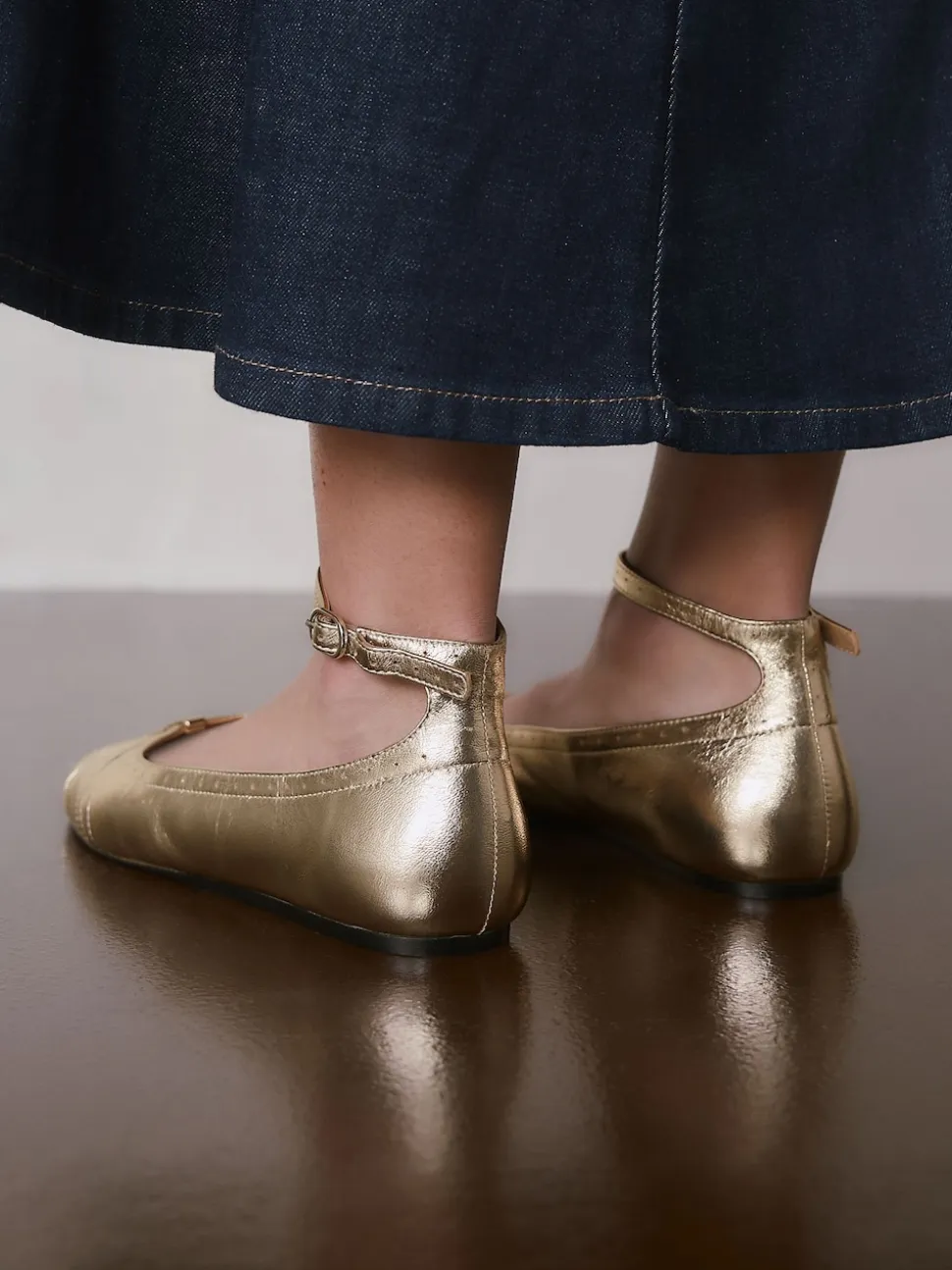 Gold Forever Comfort® Leather Ballet Flats With Ankle Strap