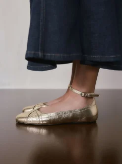 Gold Forever Comfort® Leather Ballet Flats With Ankle Strap