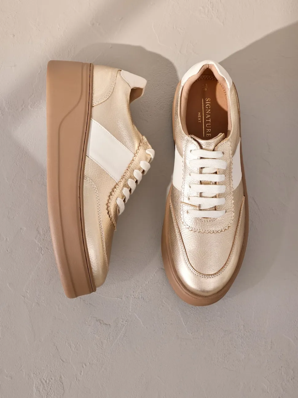 Gold Lace Up Signature Premium Leather Chunky Wedge Lace-Up Trainers