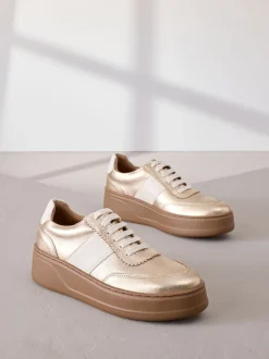 Gold Lace Up Signature Premium Leather Chunky Wedge Lace-Up Trainers