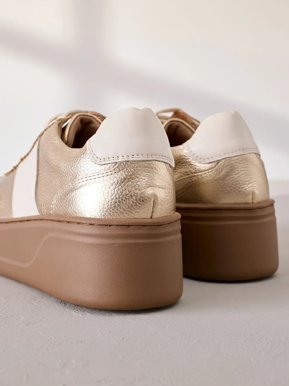 Gold Lace Up Signature Premium Leather Chunky Wedge Lace-Up Trainers