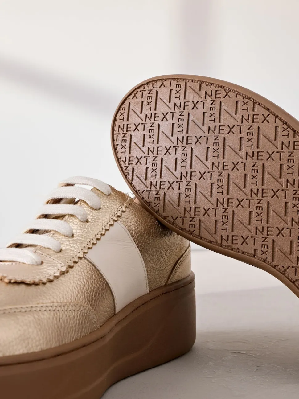 Gold Lace Up Signature Premium Leather Chunky Wedge Lace-Up Trainers