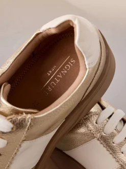 Gold Lace Up Signature Premium Leather Chunky Wedge Lace-Up Trainers