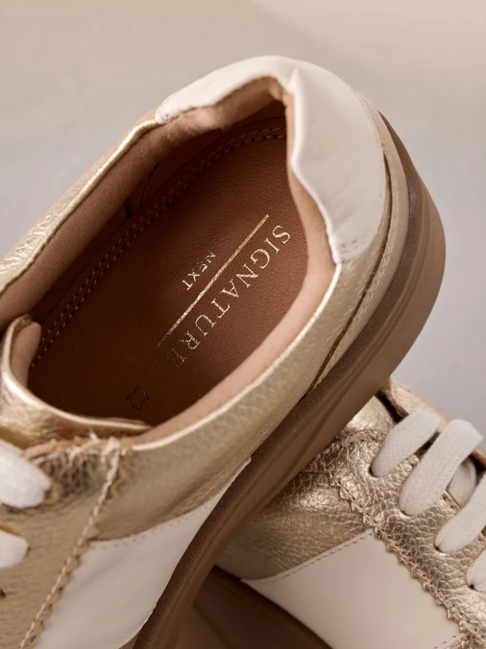 Gold Lace Up Signature Premium Leather Chunky Wedge Lace-Up Trainers
