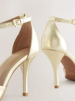 Gold Leather T-Bar Pointed Toe Heels