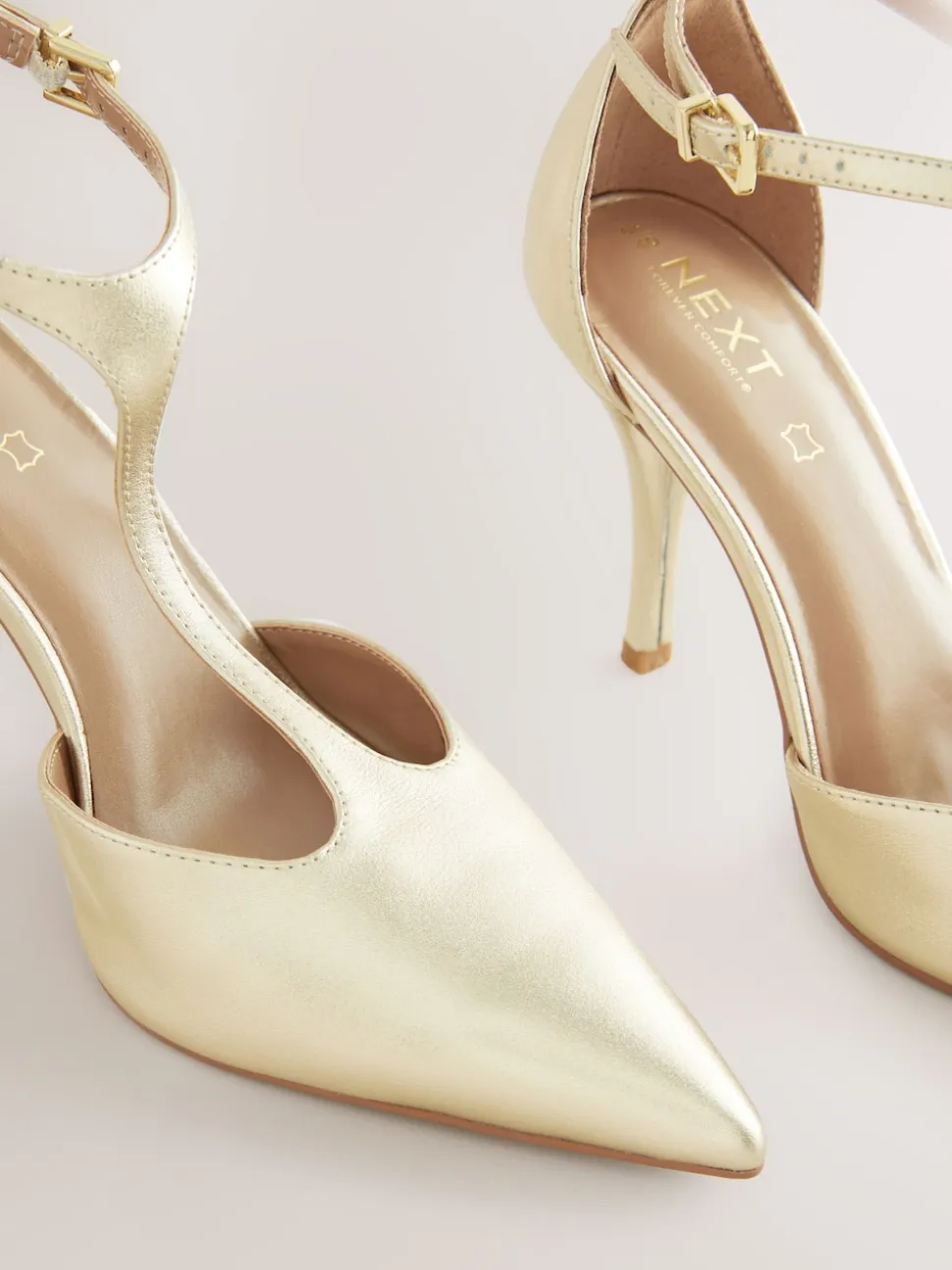 Gold Leather T-Bar Pointed Toe Heels