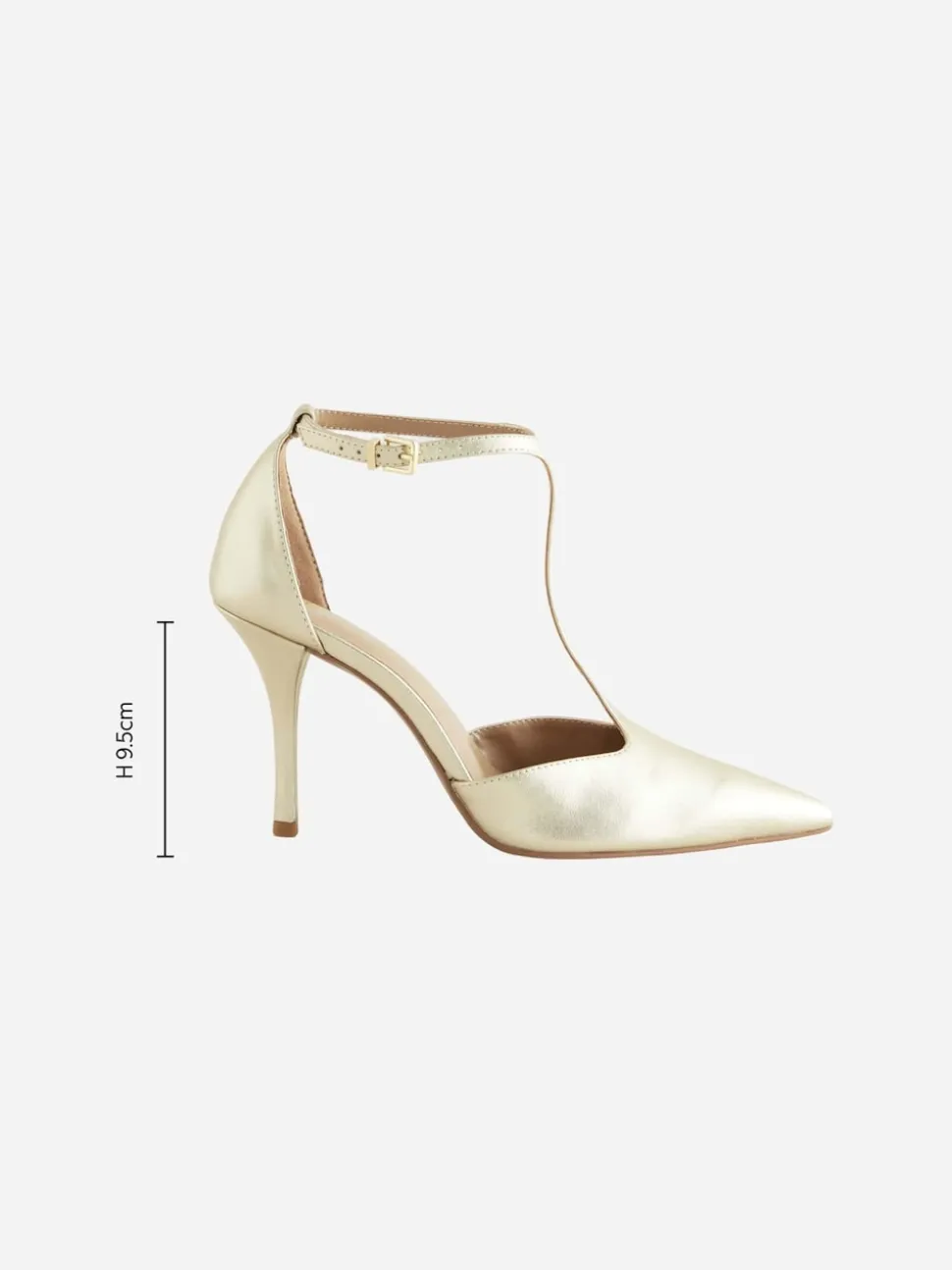 Gold Leather T-Bar Pointed Toe Heels