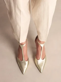 Gold Leather T-Bar Pointed Toe Heels
