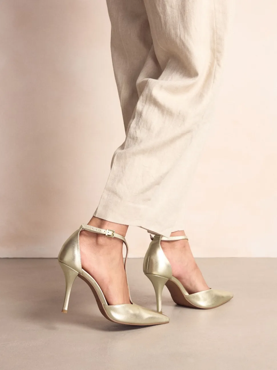 Gold Leather T-Bar Pointed Toe Heels