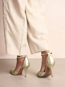 Gold Leather T-Bar Pointed Toe Heels